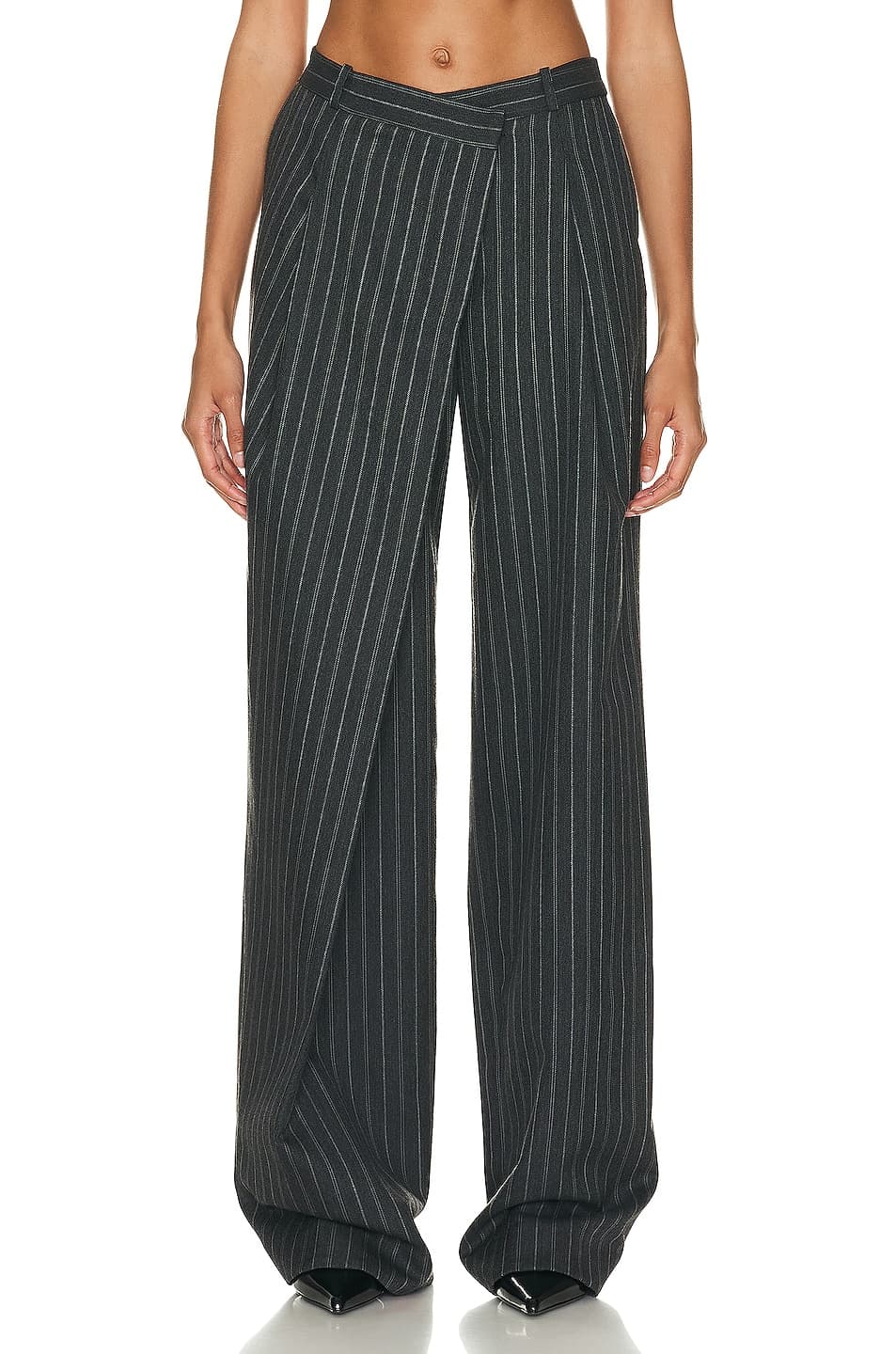Tayler Overlap Wide Leg Trouser In Grey Pinstripe - Image 1