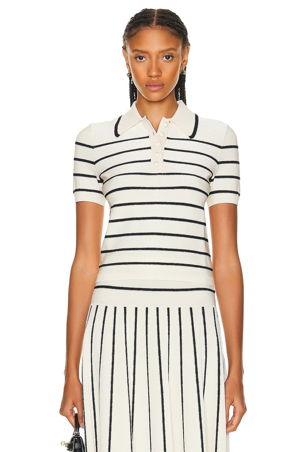 Matchmaker Knit Stripe Polo Top In Cream & Black - Image 1
