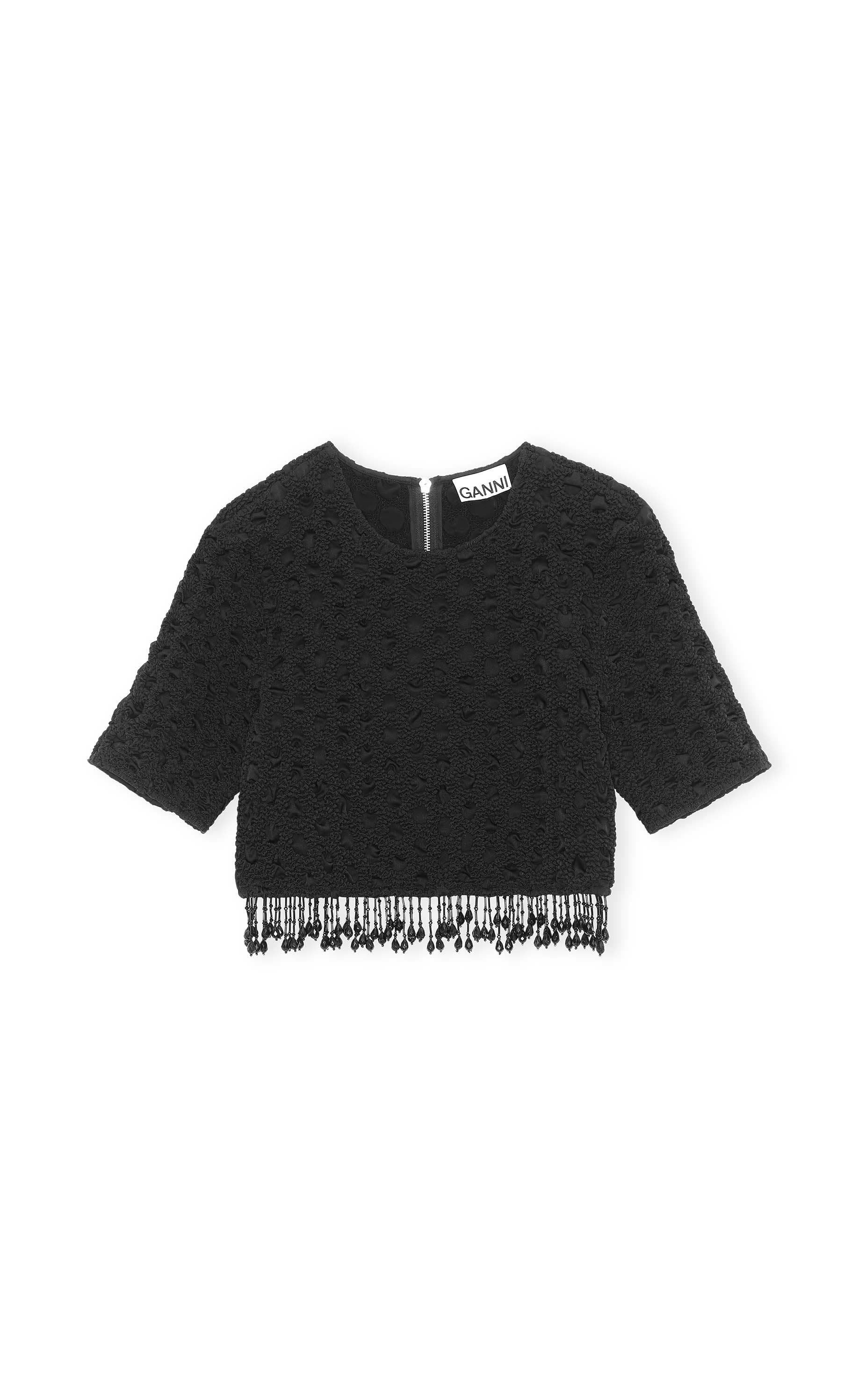 Smocked Satin Bead Fringes O-Neck Smock Top - Image 1