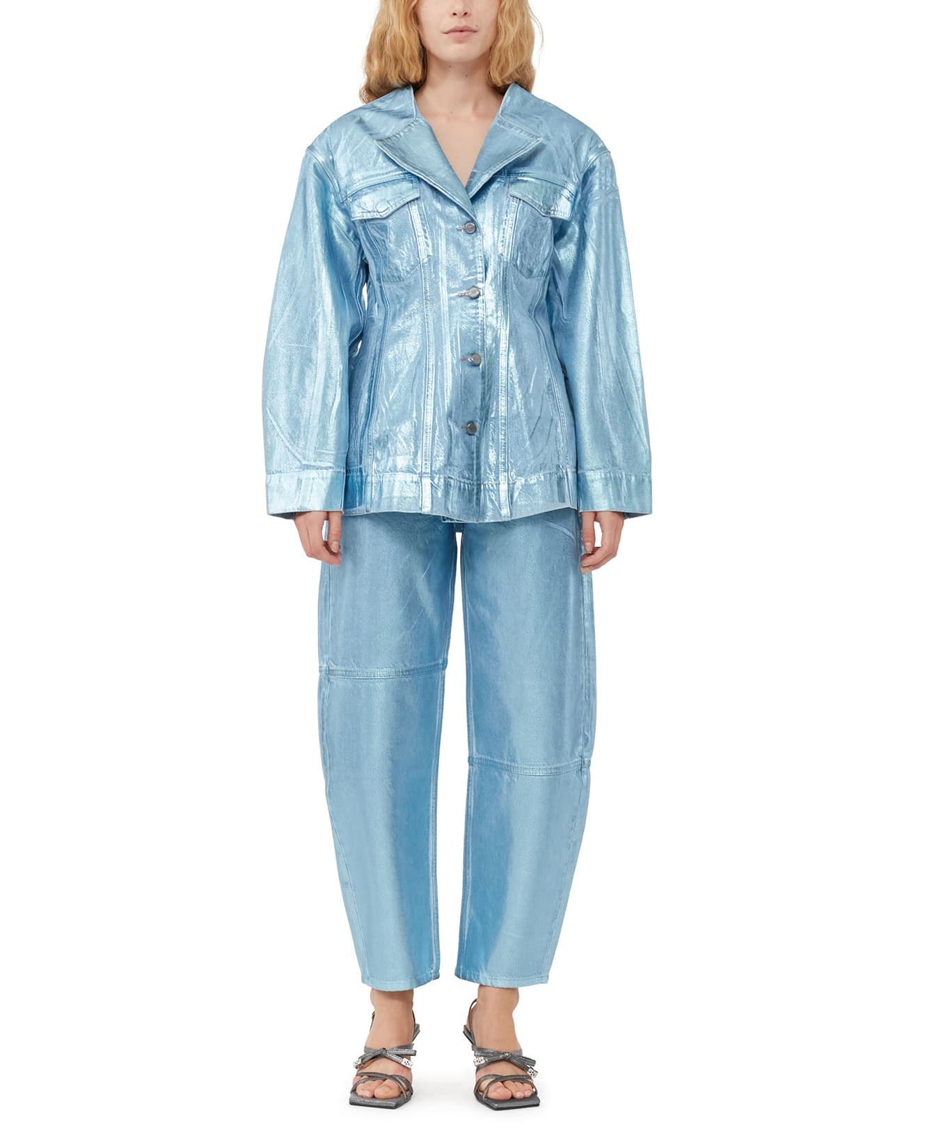 Blue Foil Denim Fitted Blazer - Image 1