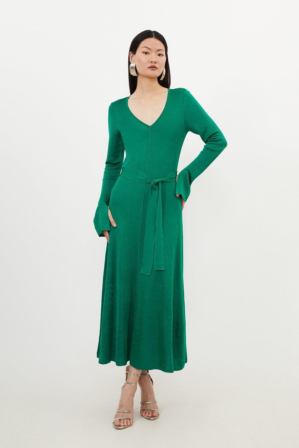 Viscose Blend Slinky Knit Belted Full Skirt Midaxi Dress - Image 1