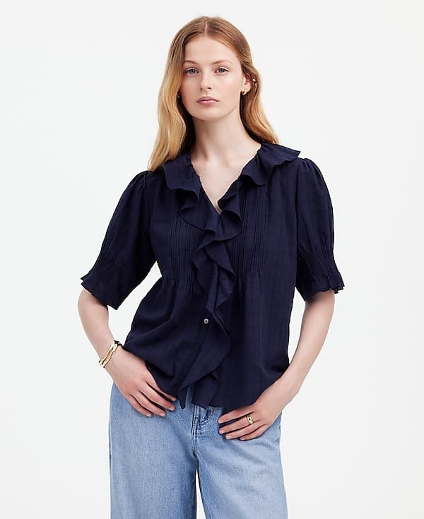 Ruffle Puff-Sleeve Peplum Top In Windowpane - Image 1
