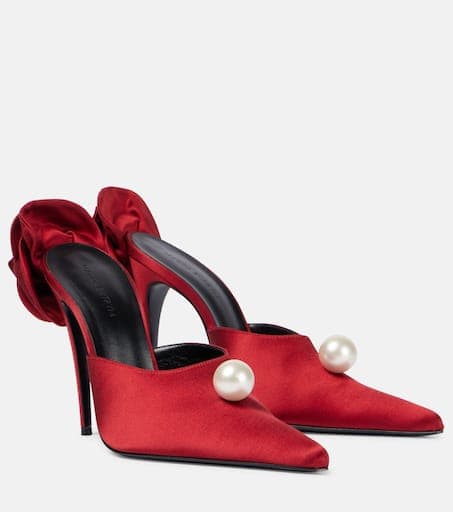 Floral-Appliqu Faux Pearl Satin Mules - Image 1