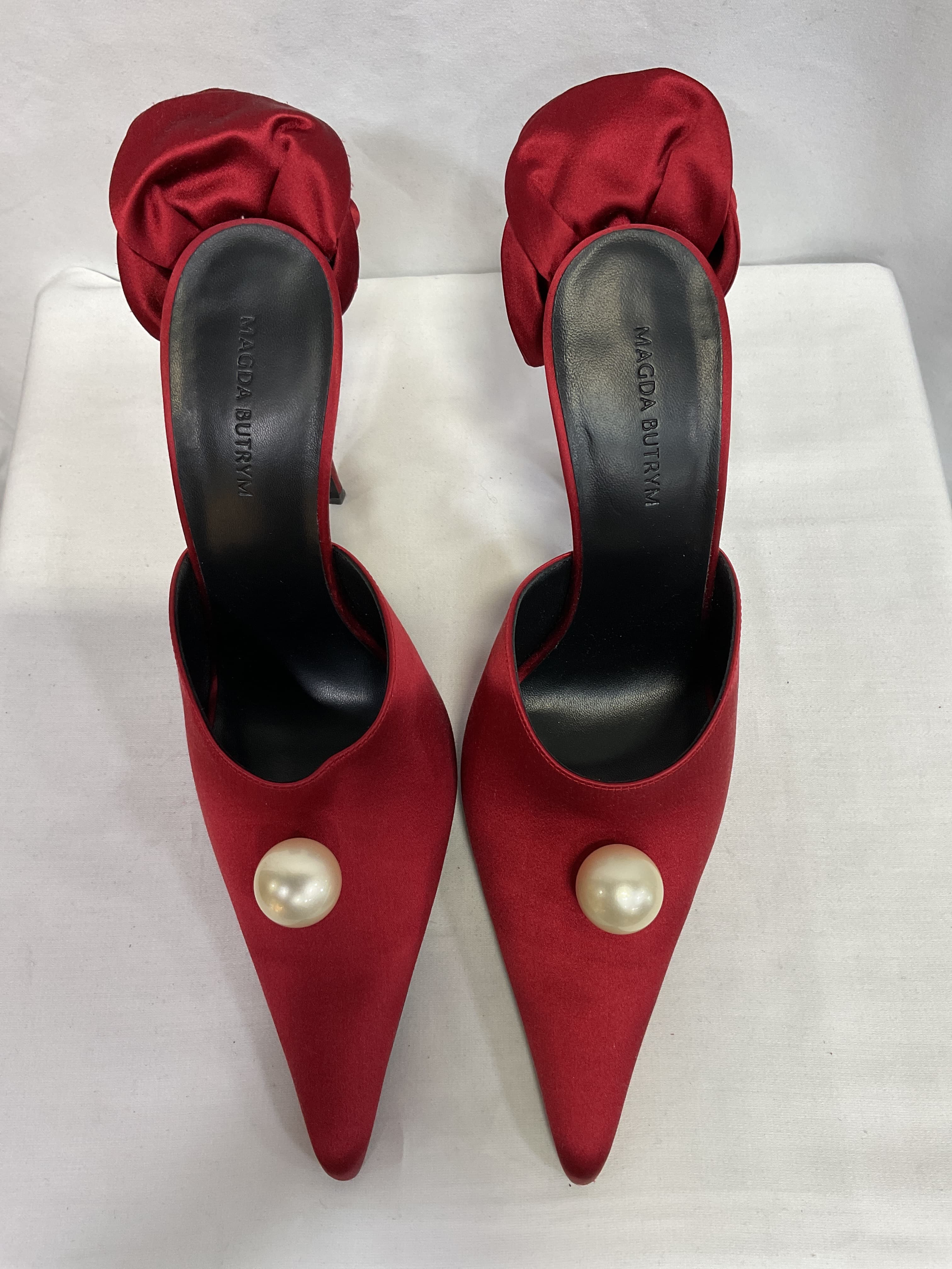 Floral-Appliqu Faux Pearl Satin Mules - Image 3
