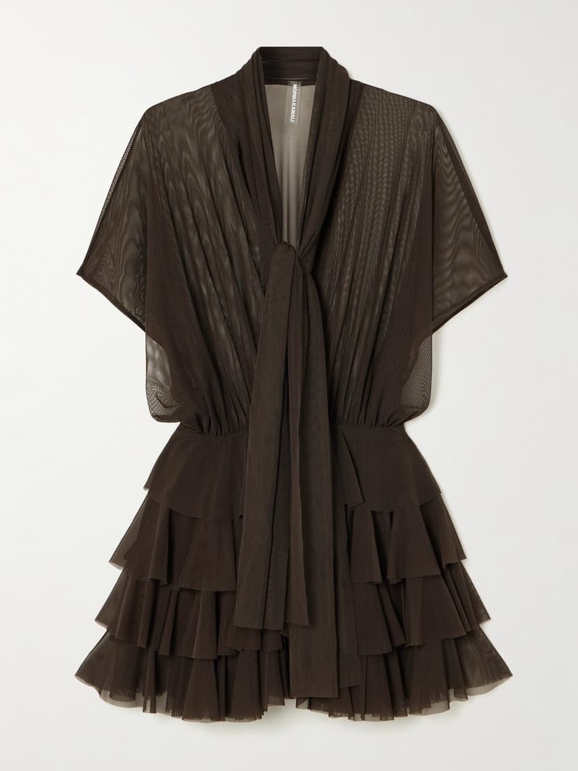 Lauren Tie-Neck Ruffled Stretch-Mesh Mini Dress - Image 1