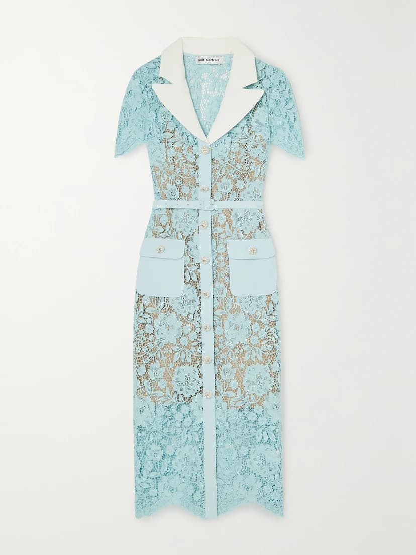 Belted Crepe-Trimmed Corded Guipure Lace Shirt Dress - Image 1