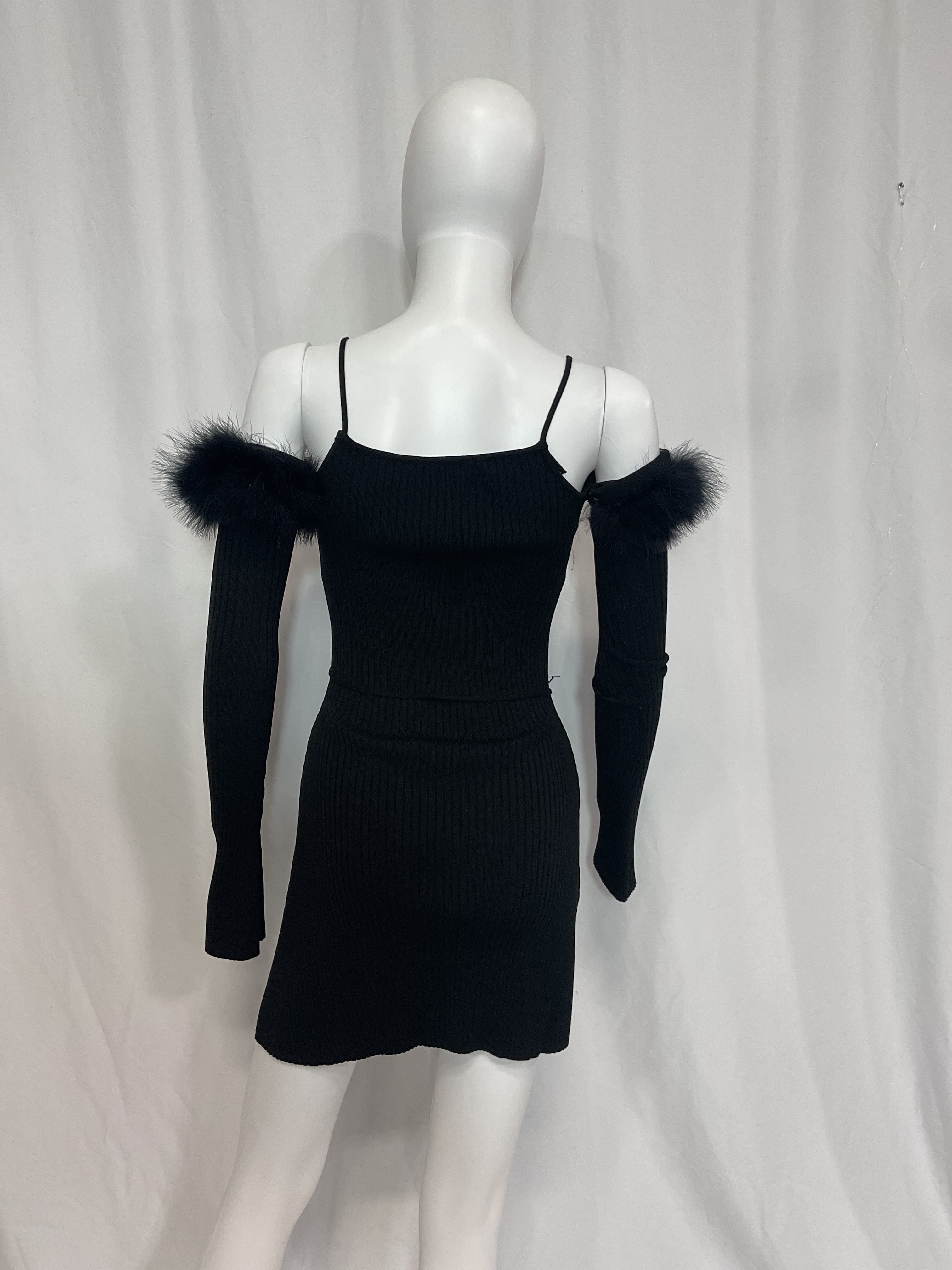 Feather Trim Cold Shoulder Rib Sweater Dress - Image 2