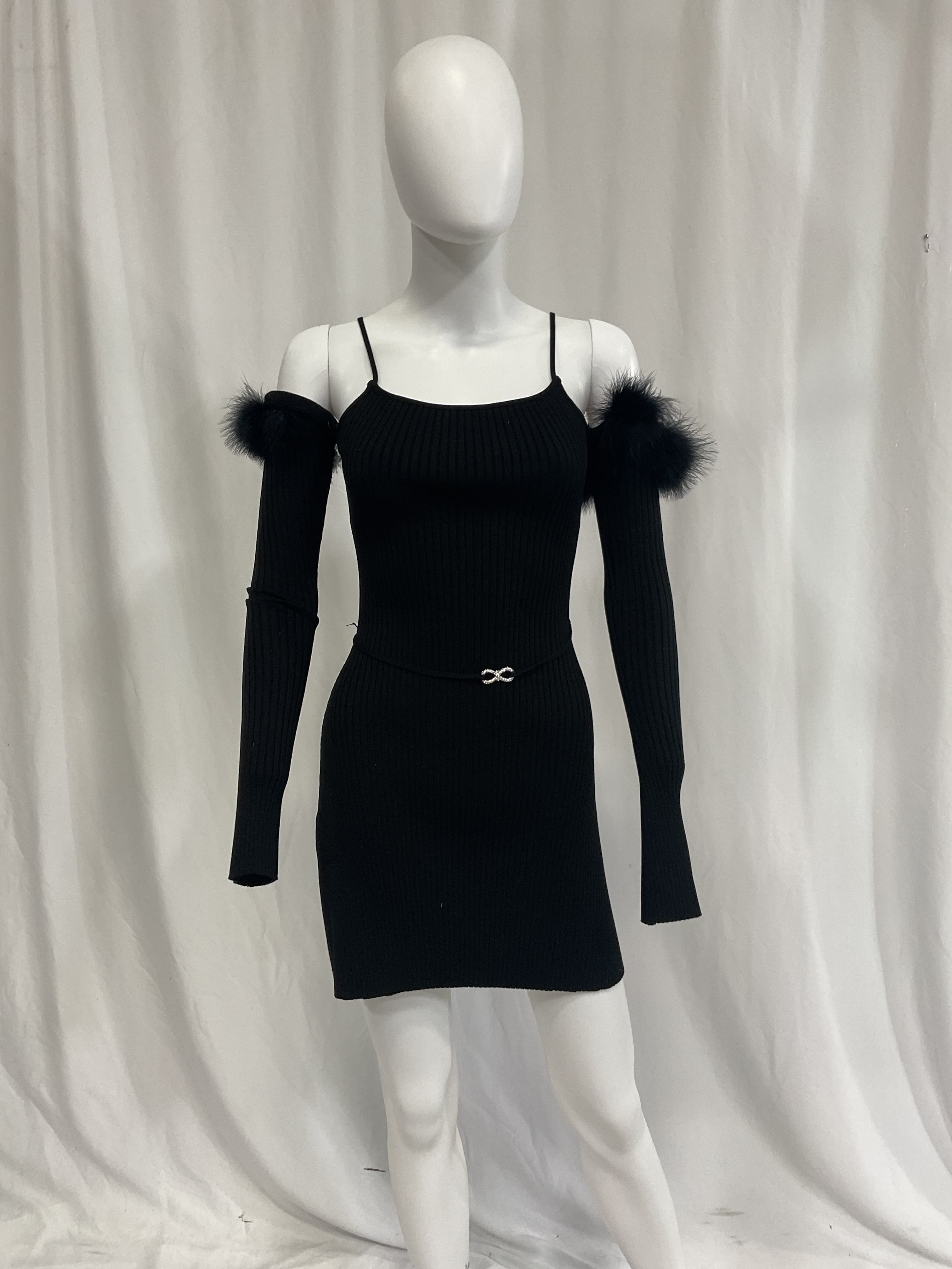 Feather Trim Cold Shoulder Rib Sweater Dress - Image 4