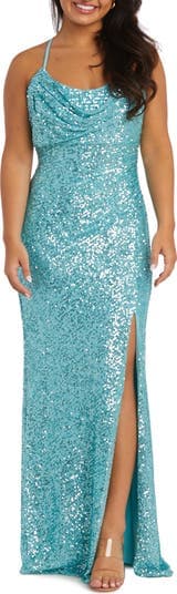 Cowl Neck Sequin Crossback Body-Con Gown - Image 1