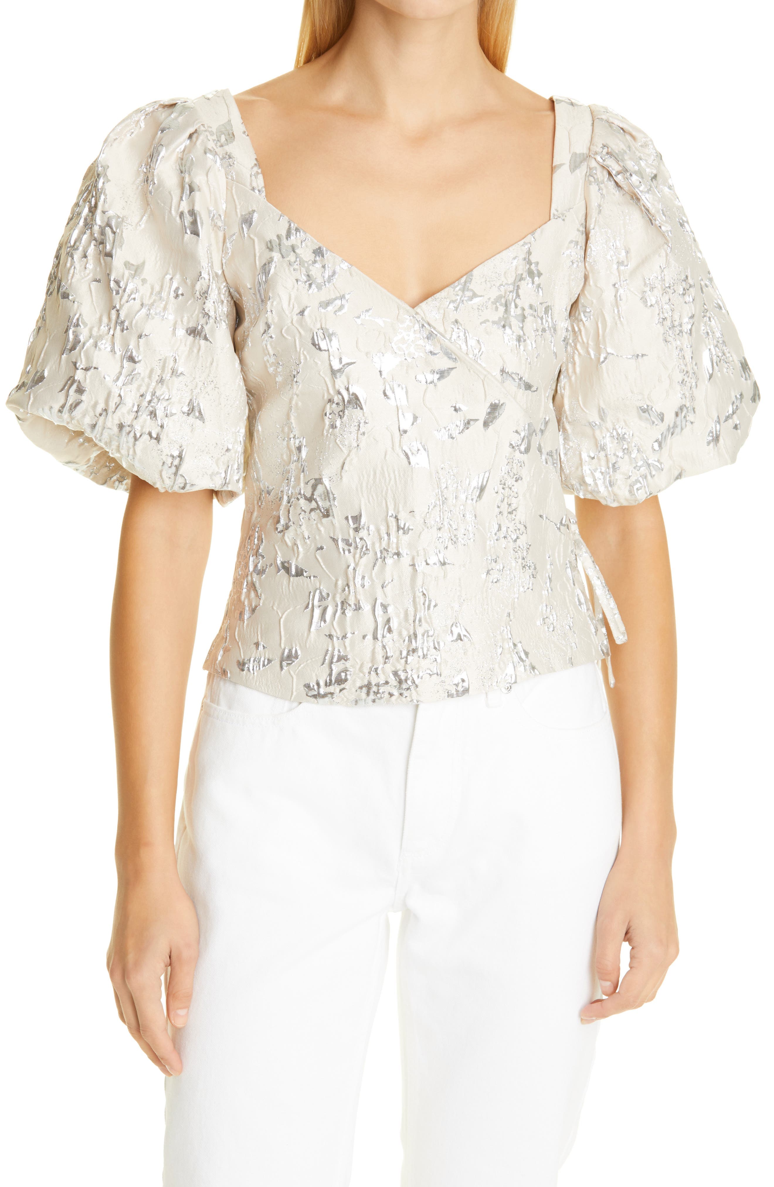 Taylor Metallic Matelass Puff Sleeve Top - Image 1