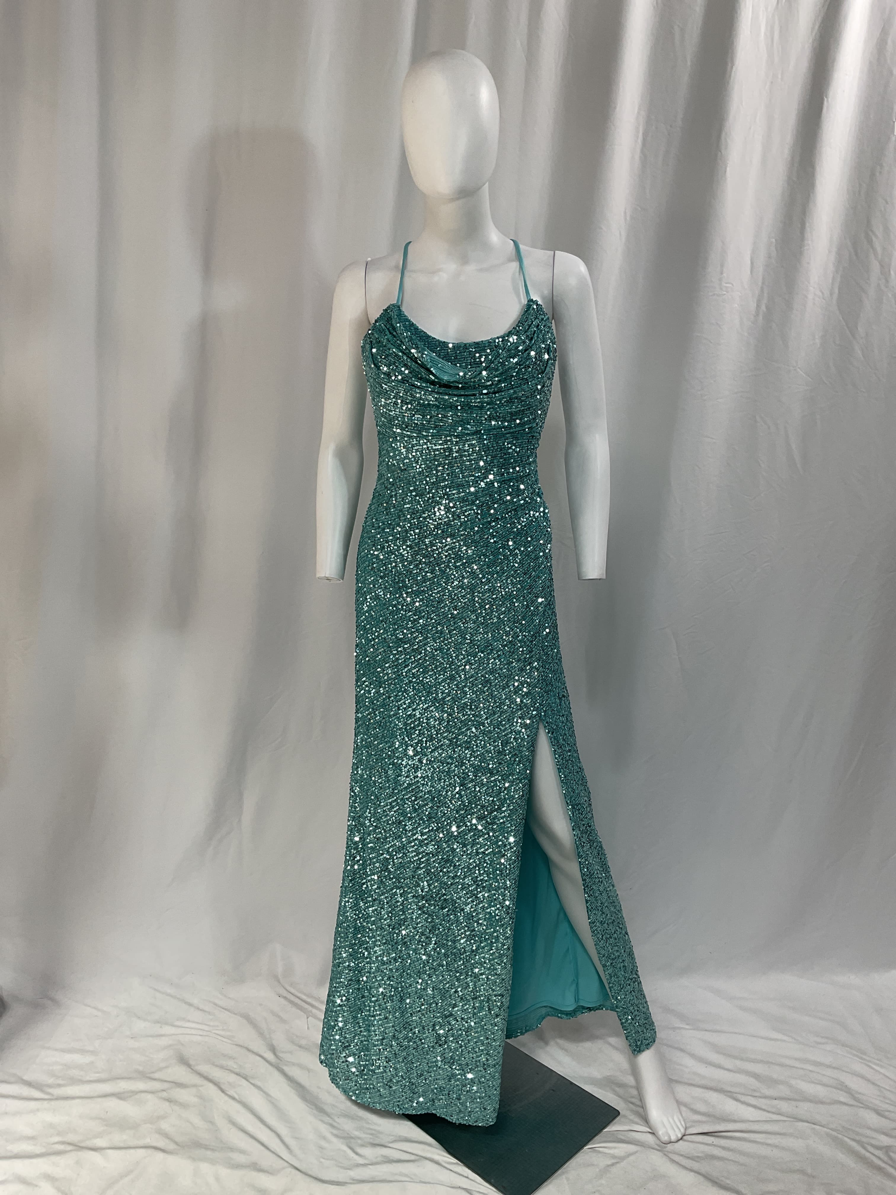 Cowl Neck Sequin Crossback Body-Con Gown - Image 4