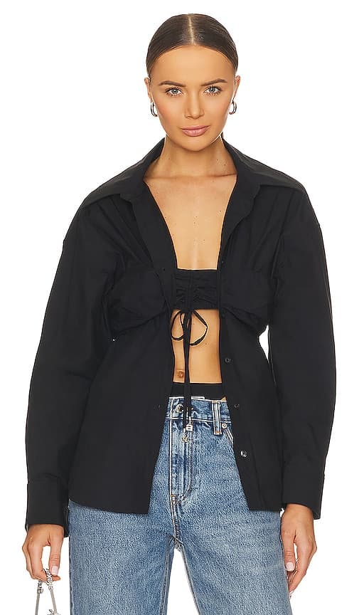 Ruched Bandeau Overlay Open Front Shirt In Black - Image 1