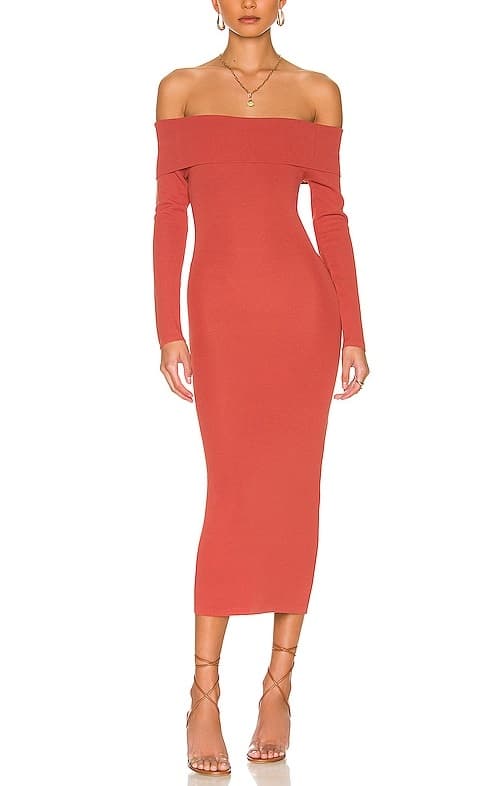 Off Shoulder Knit Dress In Chestnut - Image 1