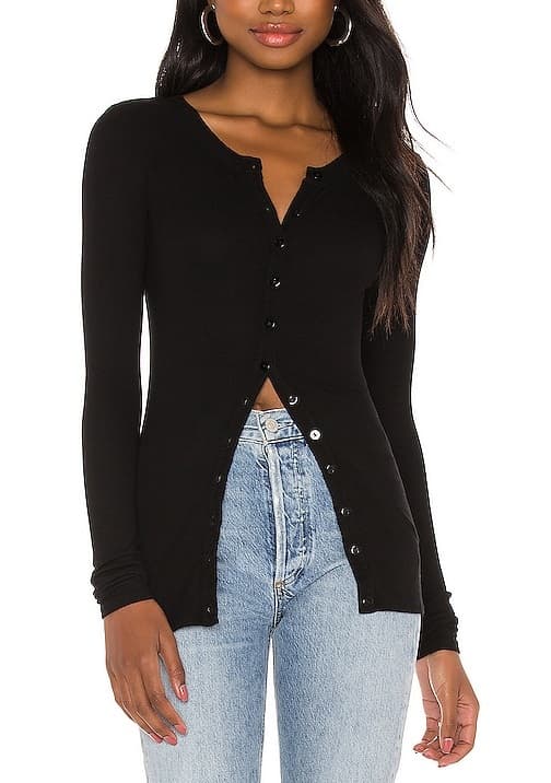 Silk Rib Fitted Long Sleeve Cardigan In Black - Image 1