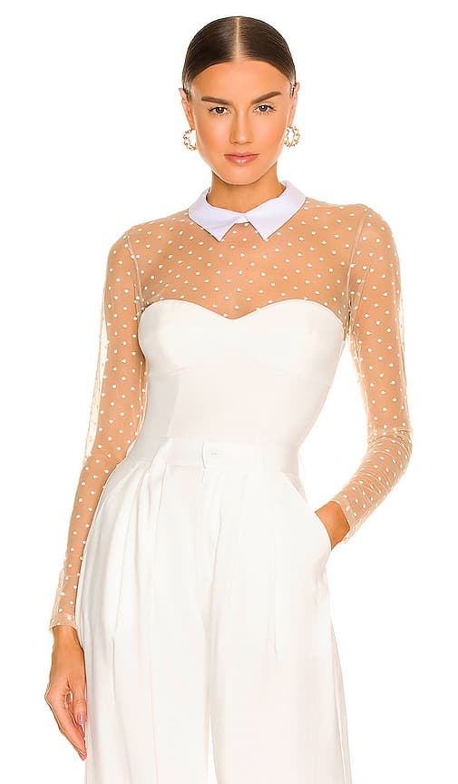 Collared Bodysuit With Dotted Tulle In Ivory - Image 1