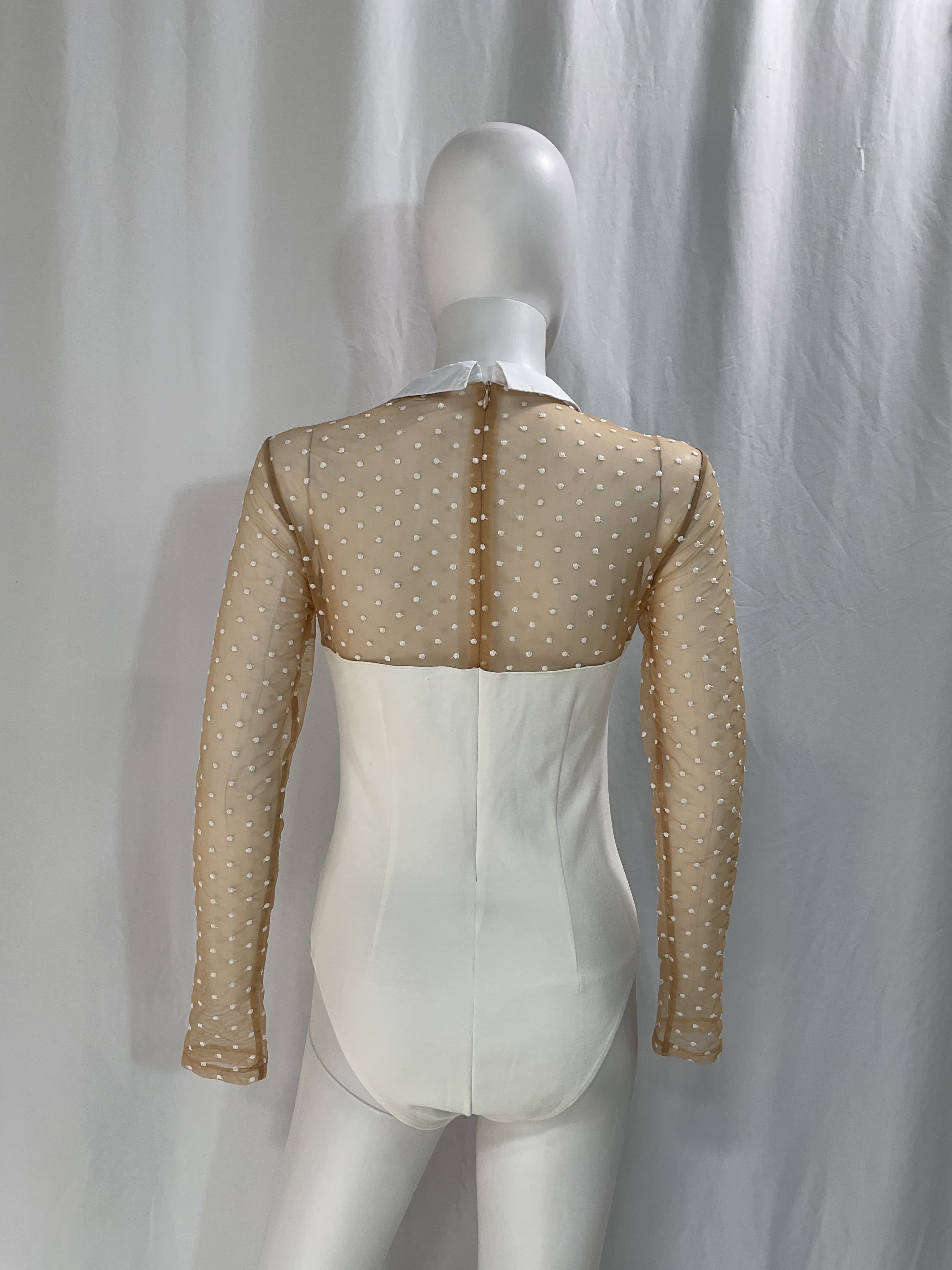Collared Bodysuit With Dotted Tulle In Ivory - Image 2