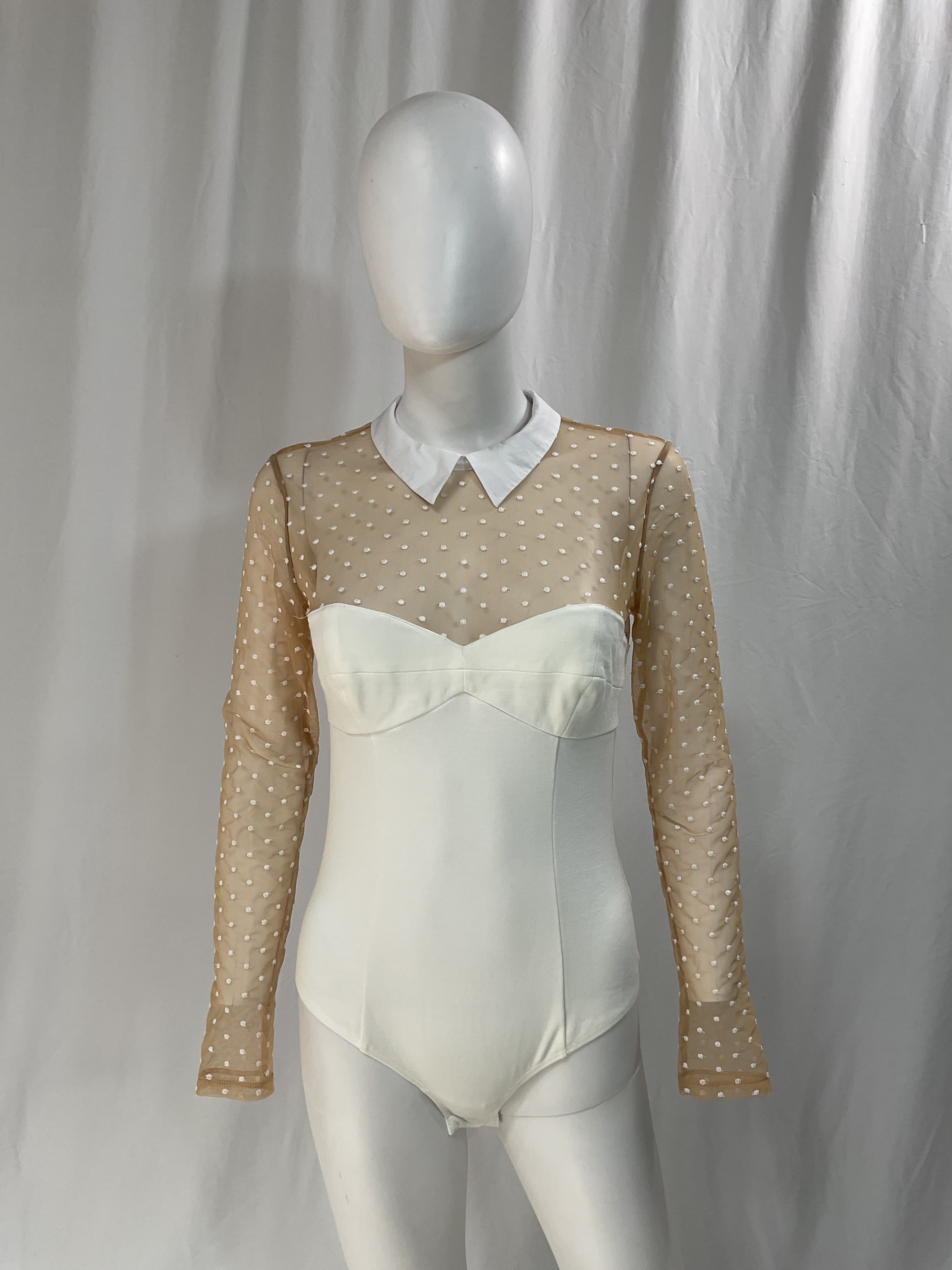 Collared Bodysuit With Dotted Tulle In Ivory - Image 3