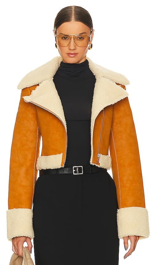 L'academie X Bridget Taryn Fitted Shearling Jacket In Tan - Image 1