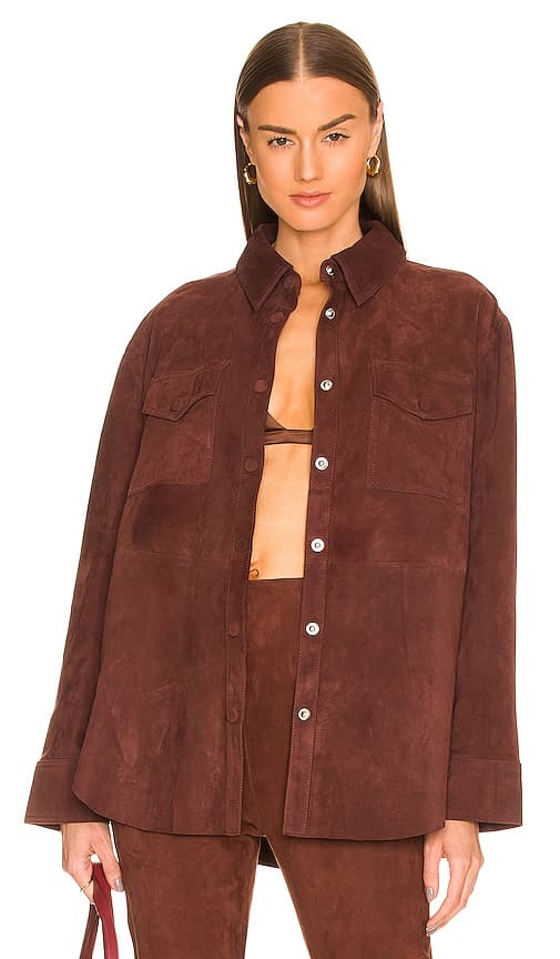 Suede Leather Shacket In Brown - Image 1