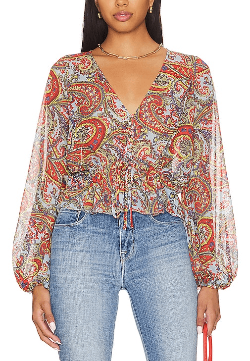 Pixie Drawstring Blouse In Light Blue Vintage Paisley - Image 1