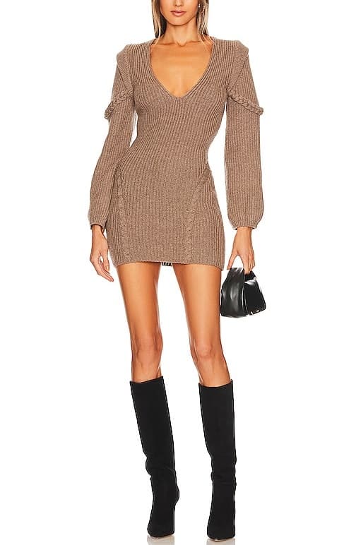 Michael Costello X Revolve Malina Deep V Neck Knit Dress In Taupe - Image 1
