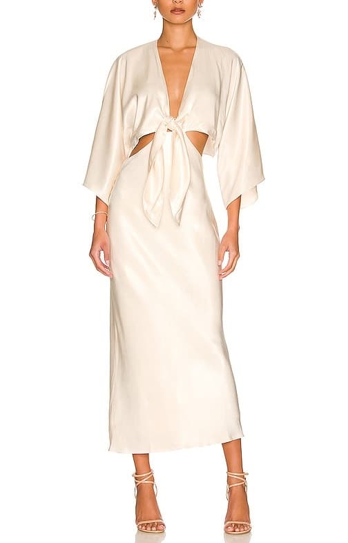 La Lune Tie Front Bias Midi Dress In Cream - Image 1