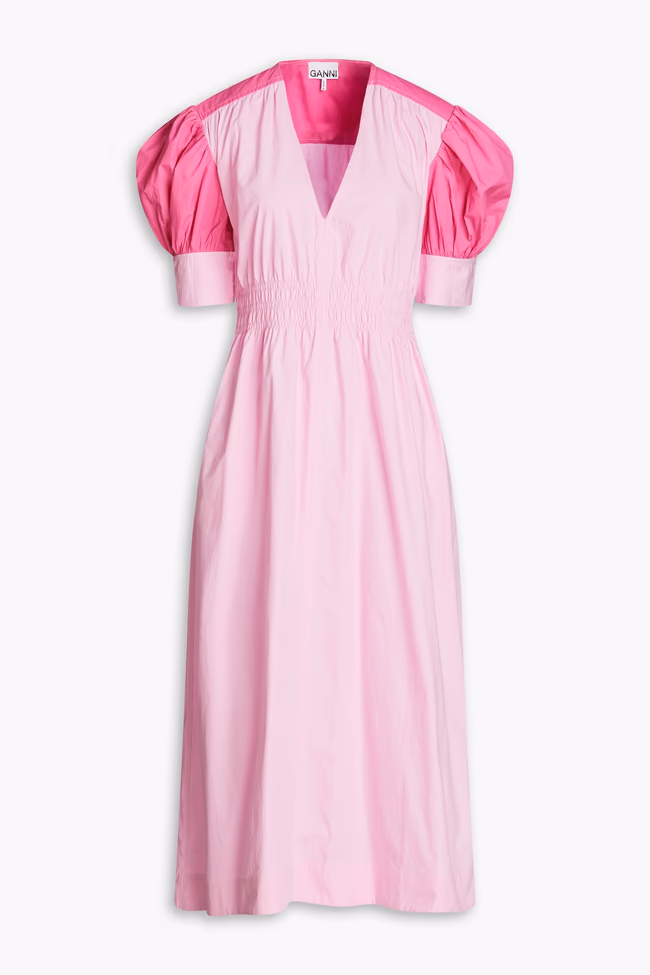 Gathered Two-Tone Cotton-Poplin Midi Dress - Image 1