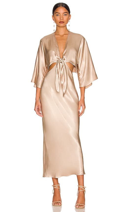 La Lune Tie Front Bias Midi Dress In Gold - Image 1