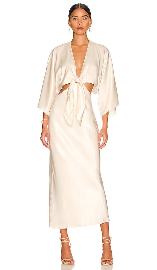 La Lune Tie Front Bias Midi Dress In Cream - Image 1