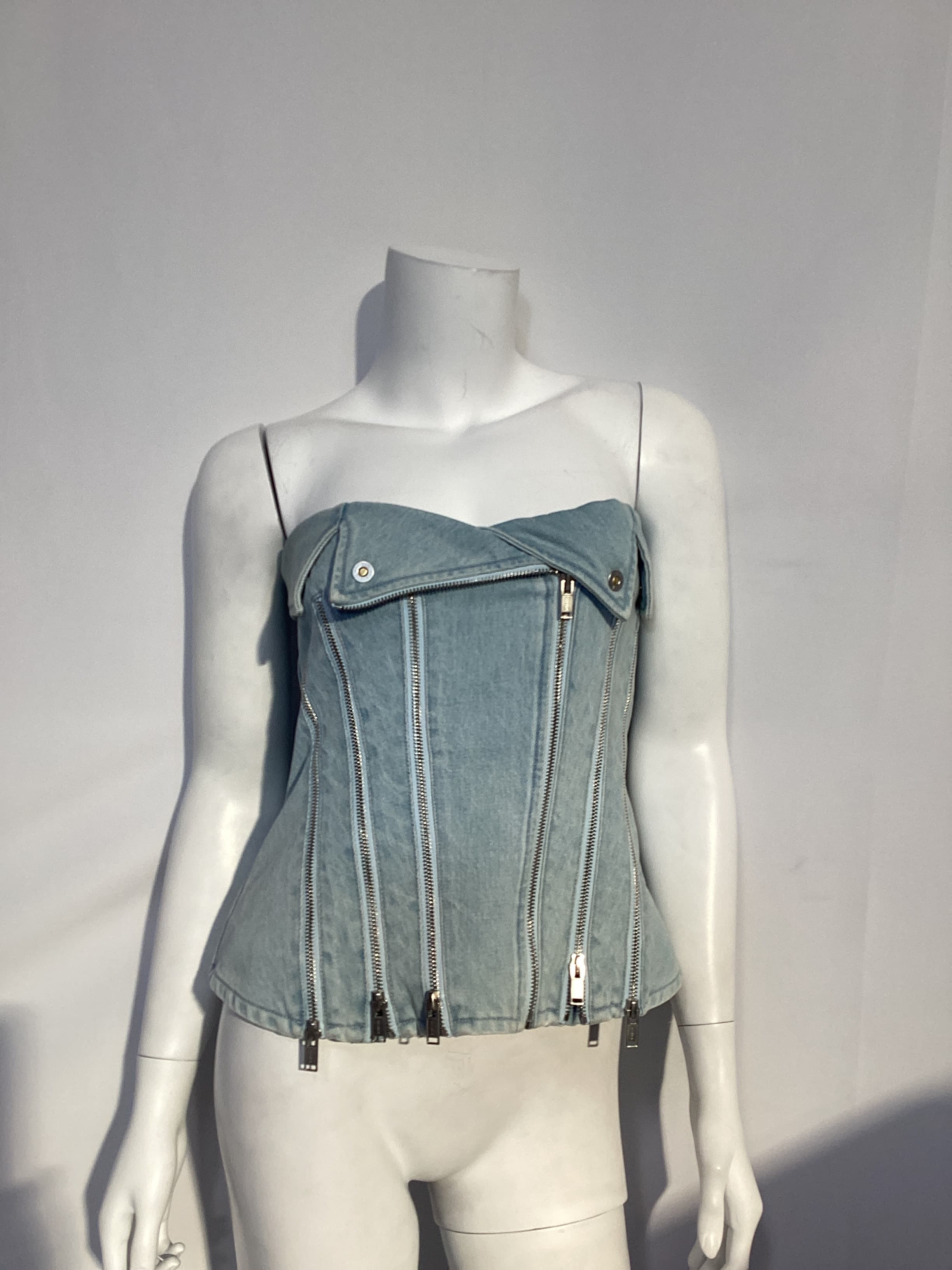 Strapless Zip-Embellished Denim Bustier Top - Image 4