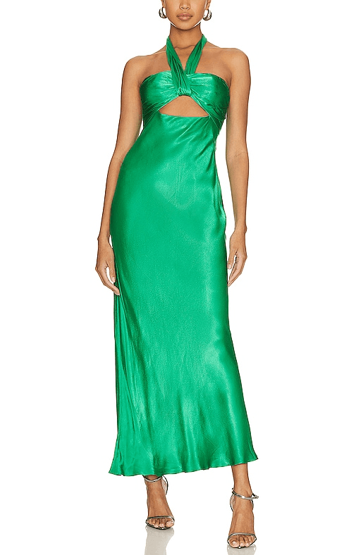 Lana Ruched Halter Midi Dress In Tree Green - Image 1