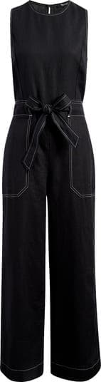 Contrast Stitch Relaxed Linen Straight Leg Jumpsuit - Image 2