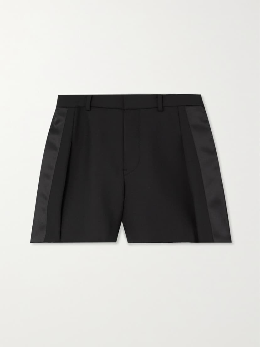 Satin-Trimmed Pleated Woven Shorts - Image 1