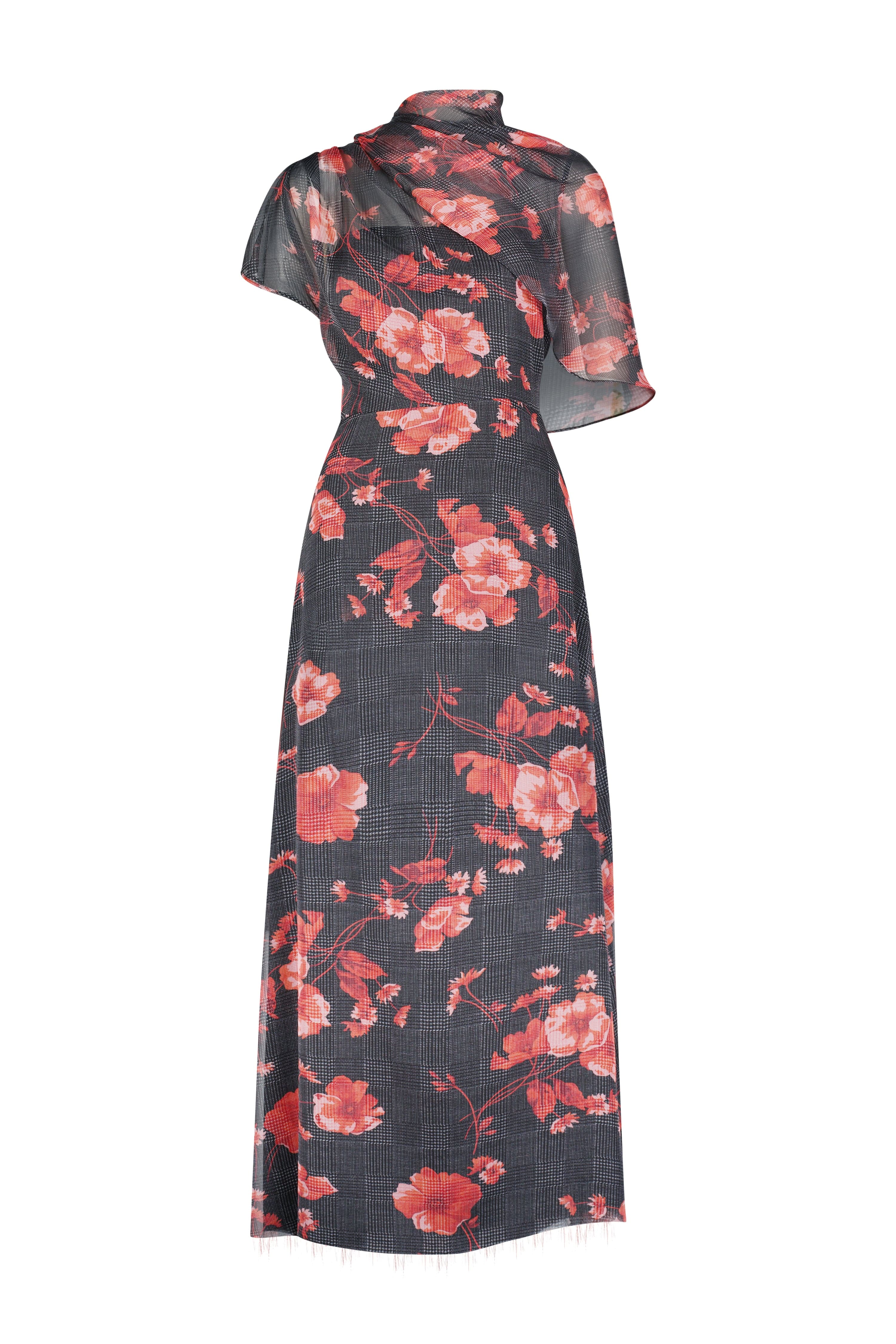 Floral Printed Glenn Plaid Chiffon Draped Bodice A-Line Dress - Image 2