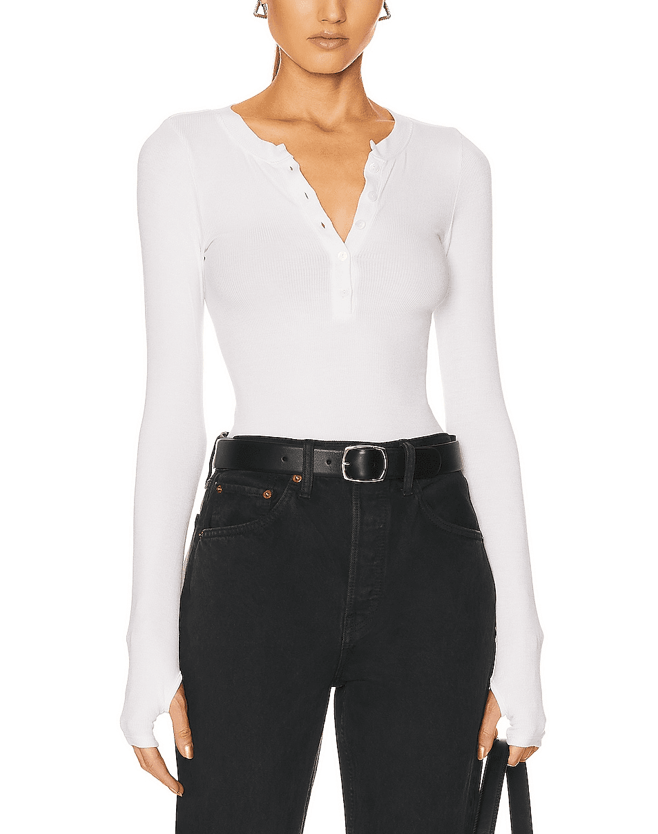 Rib Long Sleeve Baseball Henley Top In Cloud - Image 1