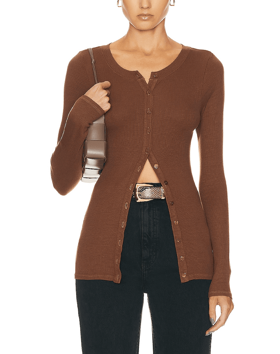 Silk Rib Fitted Long Sleeve Cardigan In Dark Whole Grain - Image 1