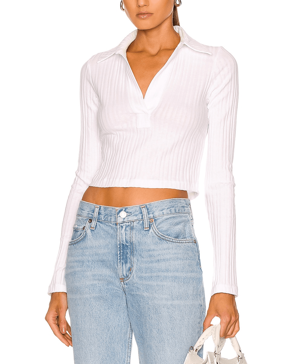Long Sleeve Crop Polo Top In White - Image 1
