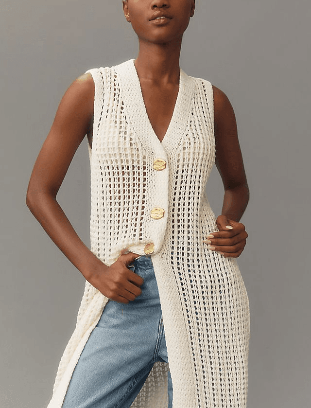 Flat White Open-Knit Cardigan Sweater Vest - Image 2