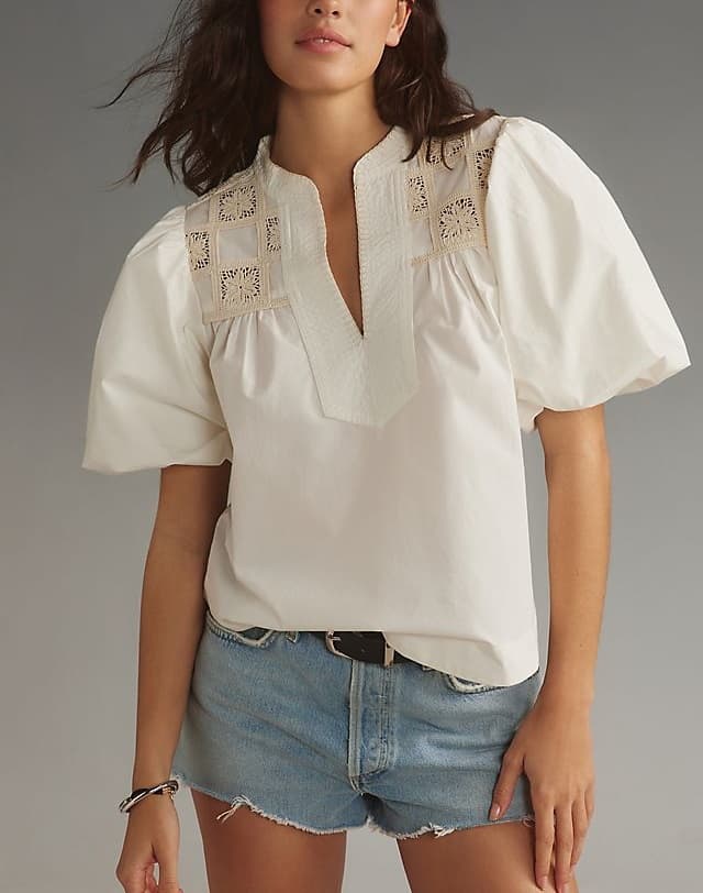 Puff-Sleeve Crochet Blouse - Image 1