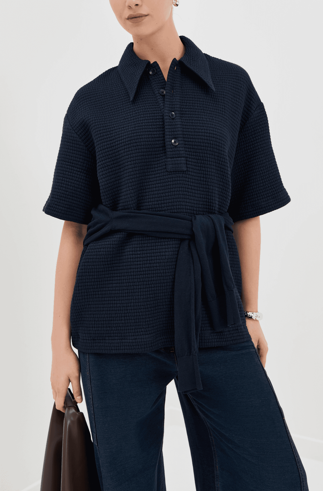 Quilted Waffle Polo Tunic Top - Image 2
