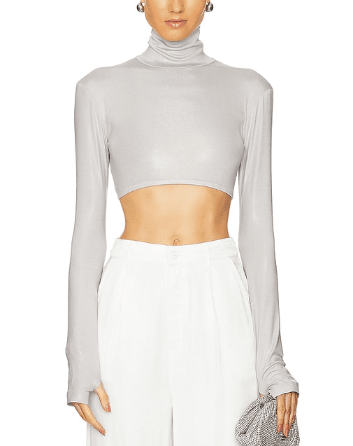 Cropped Slim Fit Long Sleeve Turtleneck Top In Dove - Image 2