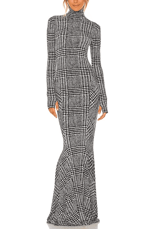 Long Sleeve Turtle Fishtail Gown In Large Glenn Plaid - Image 1
