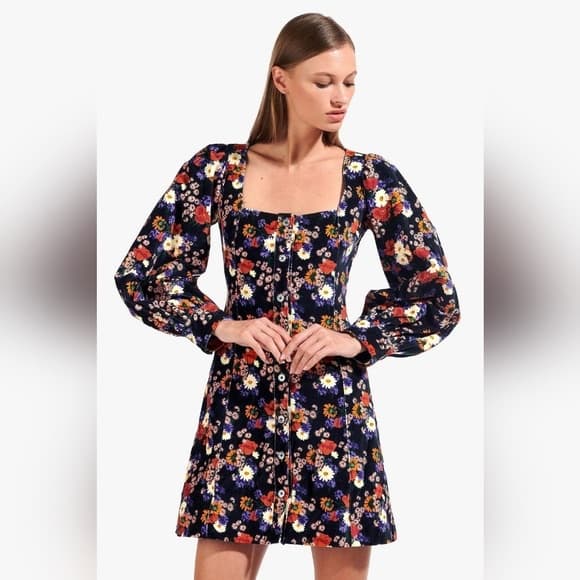 Staud Floral Velvet Long Sleeve Button-Front Mini Dress - Image 6