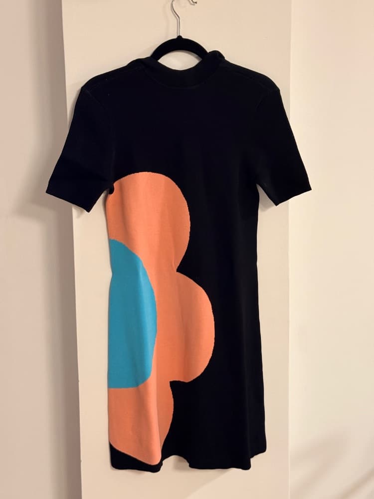 STAUD Black Short Sleeve Mini Dress with Abstract Colorblock Design - Image 1