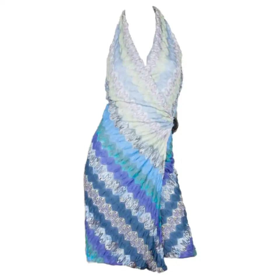Missoni Blue Signature Crochet Knit Halter Wrap Dress - Image 1