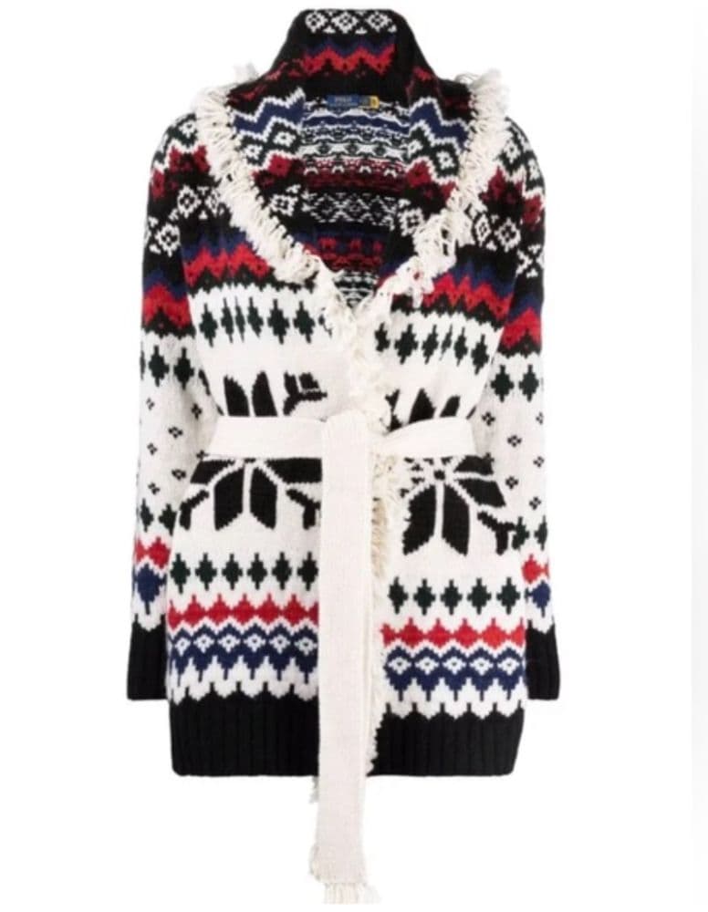 Polo Ralph Lauren Apache Intarsia Knit Cardigan, Belted,Long, Snowflake - Image 4