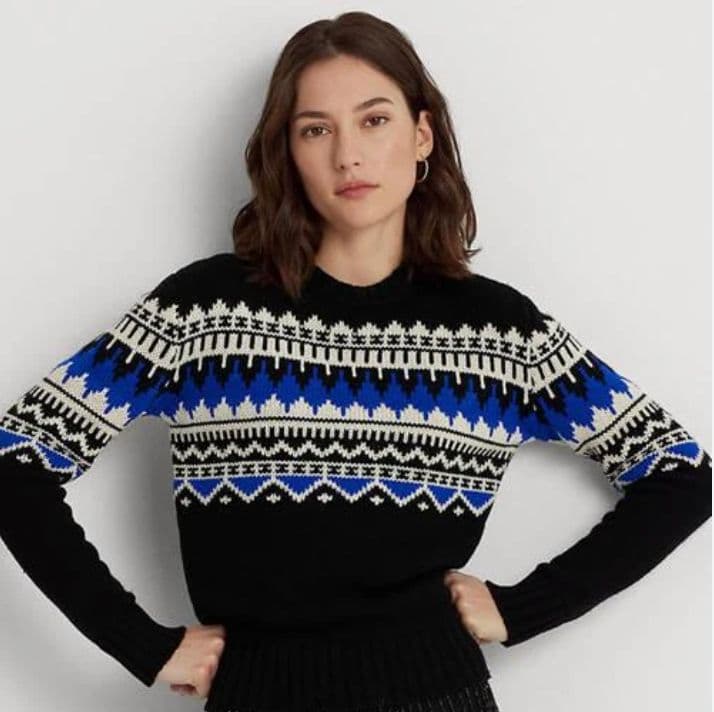 Ralph Lauren Black White Blue Nordic Fair Isle Cashmere Wool Blend Sweater - Image 1