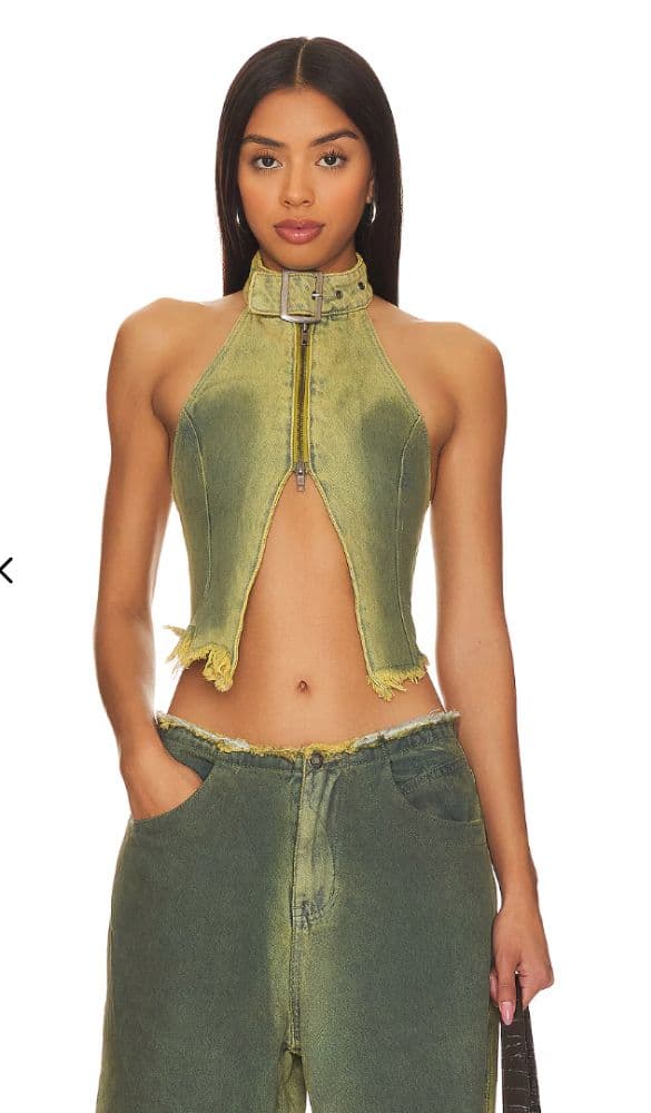 Jaded London Green Denim Buckle Neck Top - Image 1