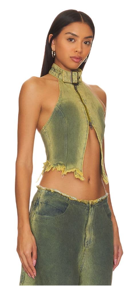 Jaded London Green Denim Buckle Neck Top - Image 2