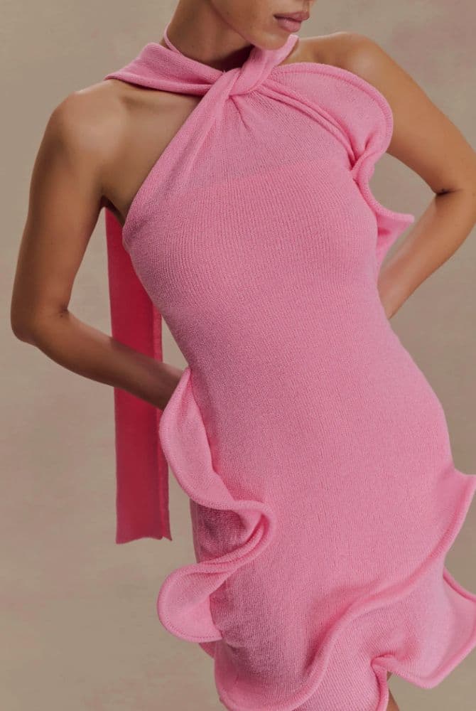 MESHKI Caprice Halter Knit Mini Dress - Bubblegum Pink - Image 3